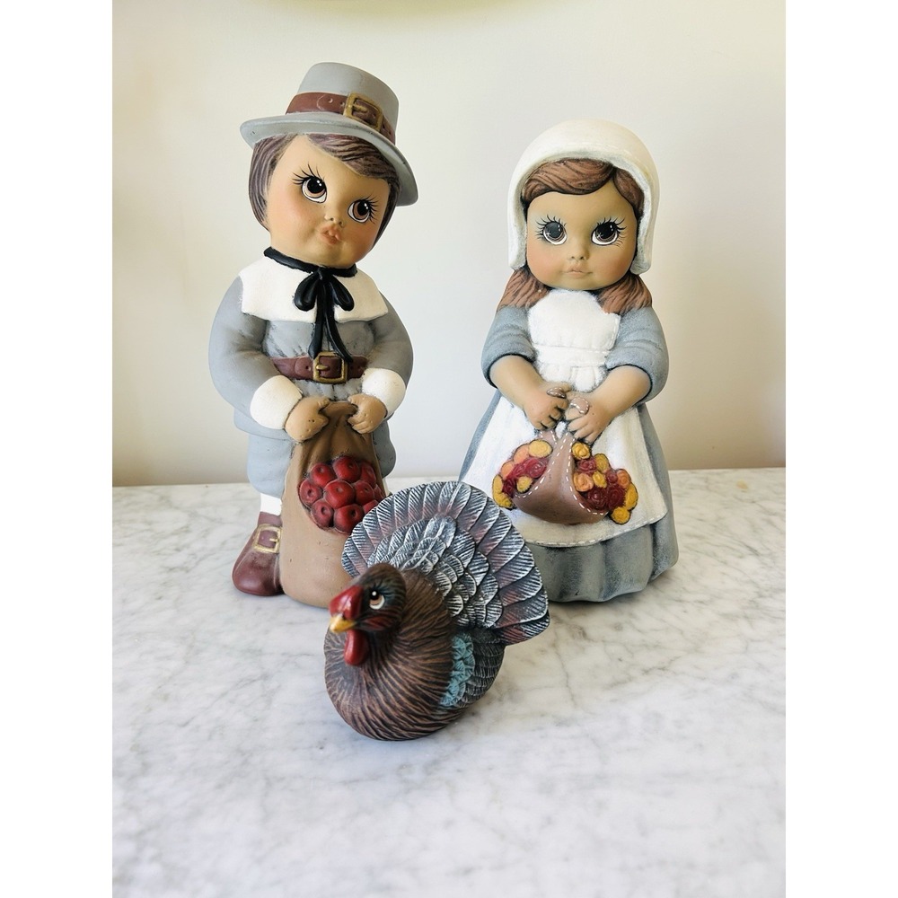 Vintage Thanksgiving Ceramic Boy & Girl Pilgrim Figurines 10" & Turkey